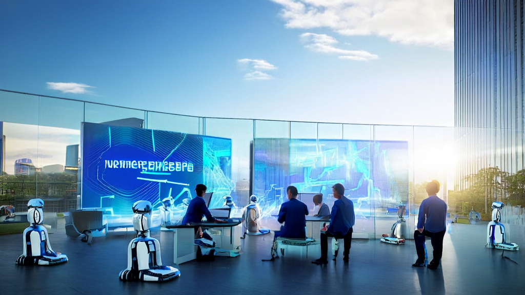 In front of a modern office building in a future city, technicians gather around AI analysis charts and customer behavior data, preparing for the challenges of the AI dark age starting in 2027.