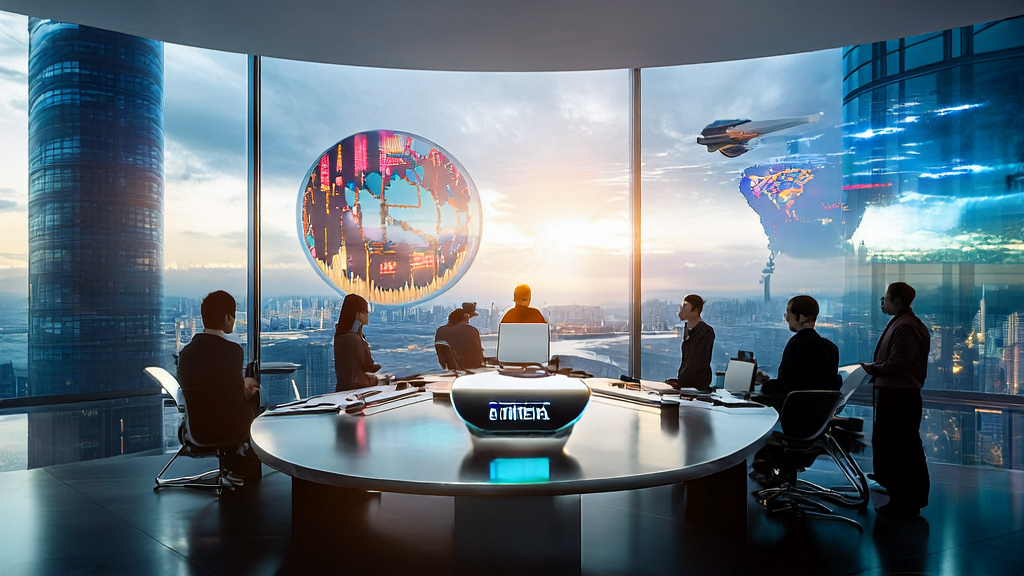 In a modern office building in a futuristic tech city, marketing professionals are discussing the application of Cogito v2 in AI email marketing.