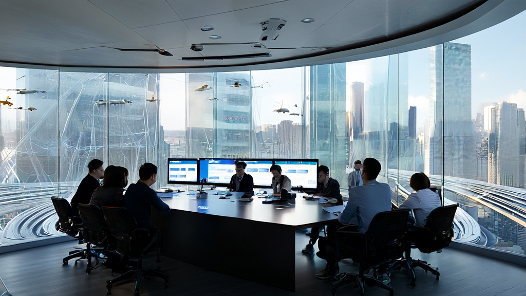 In a smart meeting room of a futuristic city, marketing experts use WPS AI 3.0 for customer data cleaning and personalized recommendations