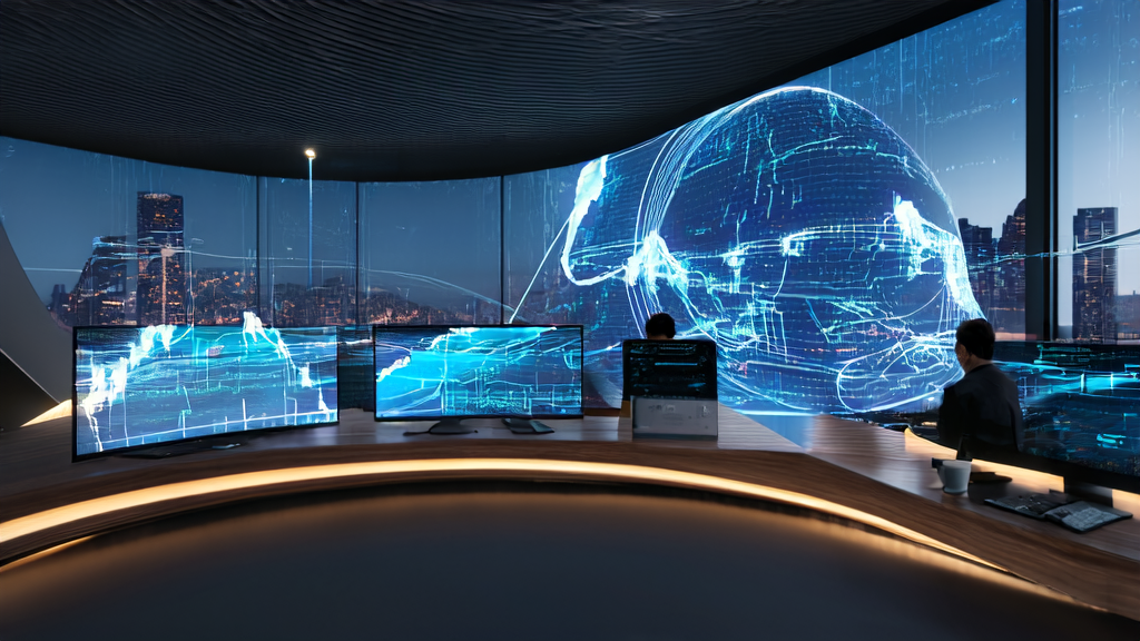 A futuristic office where a marketing manager uses AI to optimize email marketing and increase response rates
