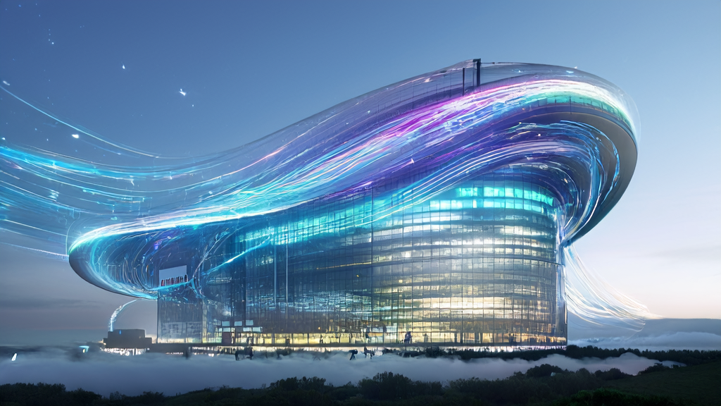 A futuristic cross-border e-commerce skyscraper showcasing how AI technology empowers businesses to achieve breakthrough growth