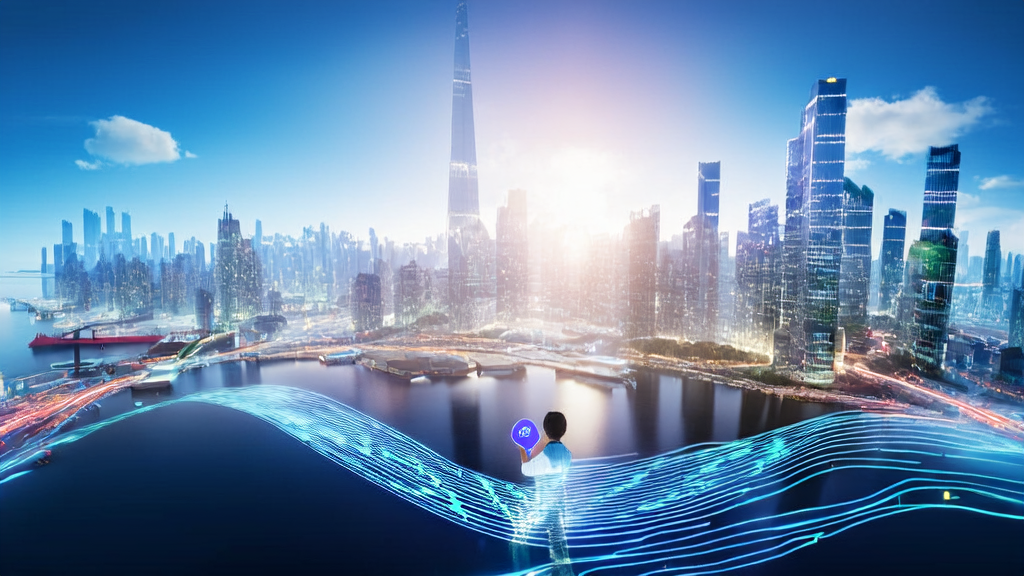 Young entrepreneur in a futuristic city leveraging AI acquisition trends for efficient growth