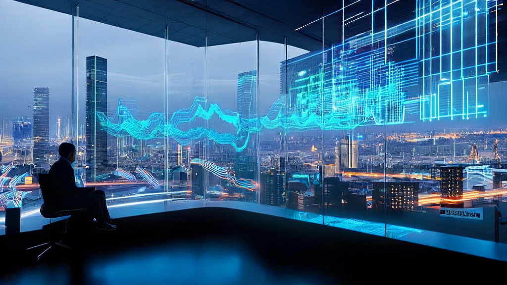 未来智能城市中的数据分析师通过高科技屏幕分析制造业海关数据，背景是现代化的城市天际线。