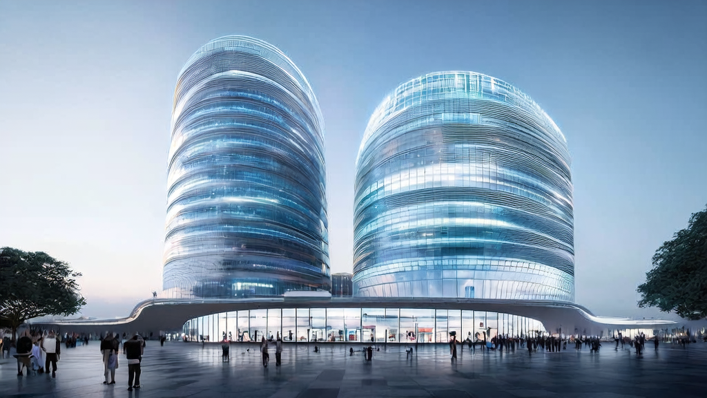 未来城市中的高科技大厦,展示了2025年独立站如何借助AI关键词优化实现搜索引擎流量暴增