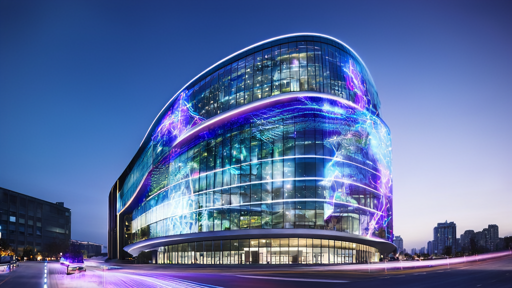 未来城市的现代化办公楼,展示Grok技术的实时数据分析和AI驱动的跨境电商营销策略