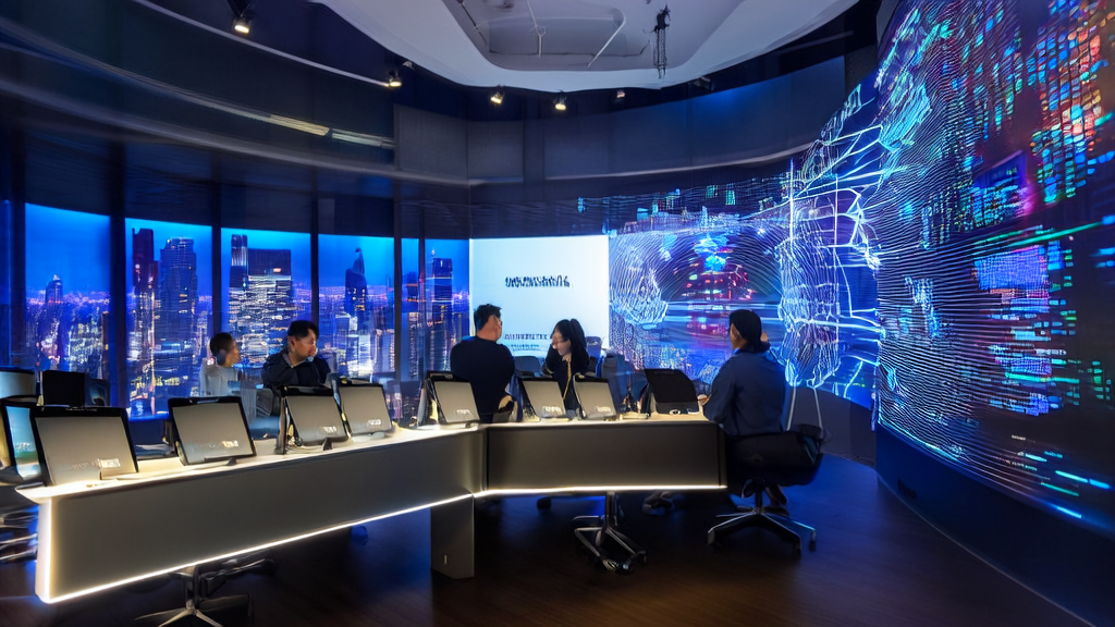 Advertising company office in a future city, showcasing real-time data and AI algorithms for optimized ad placement