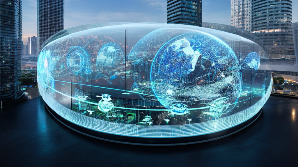 未来城市中的广告投放控制中心，展示AI优化广告投放的实时数据和操作界面