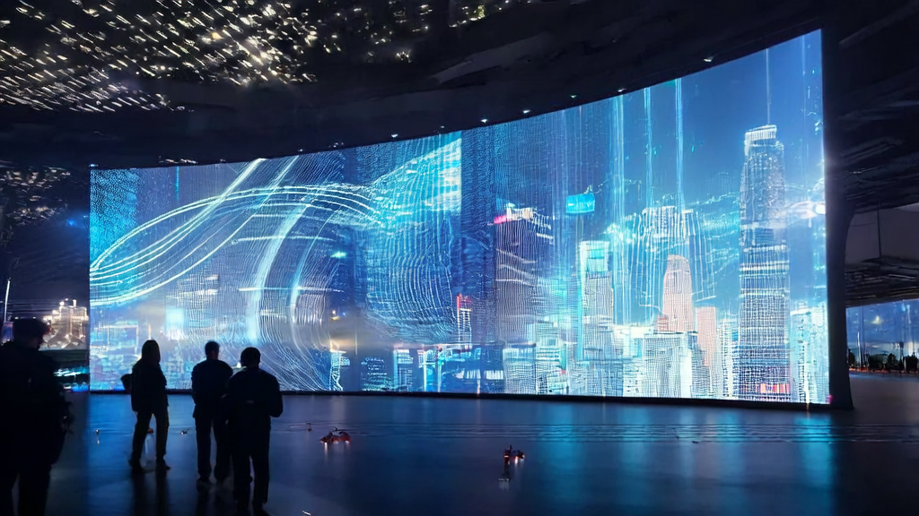 A futuristic city's advertising hub where engineers interact with virtual interfaces to adjust ad targeting strategies, set against a backdrop of modern skyscrapers and flying cars.