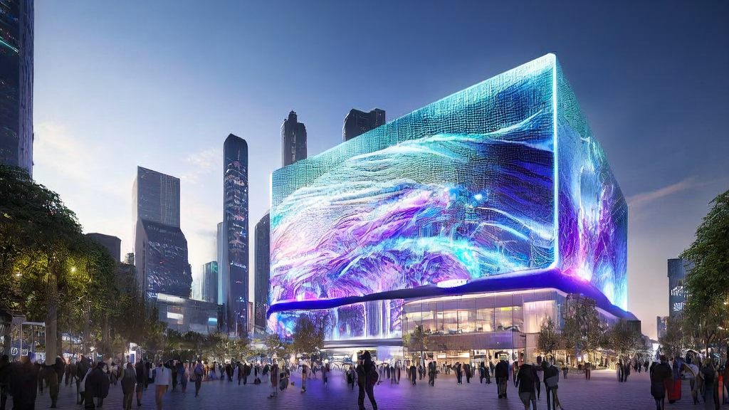 未来城市的广告投放由AI优化，屏幕上展示着绚丽的广告，人们通过智能手机互动