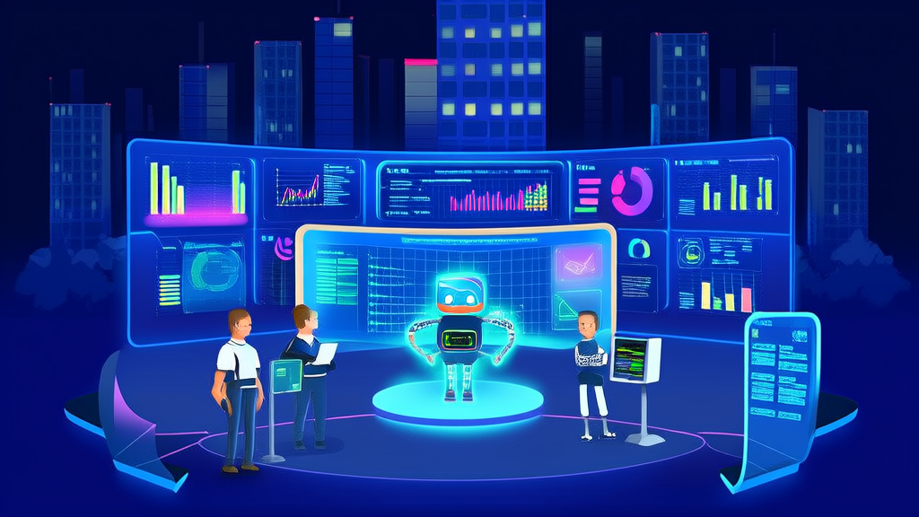 In a high-tech office building in a futuristic city, data analysts monitor Quora discussions and WhatsApp chat dynamics via large screens, showcasing the efficiency of AI acquisition technology and the Grouphug application.