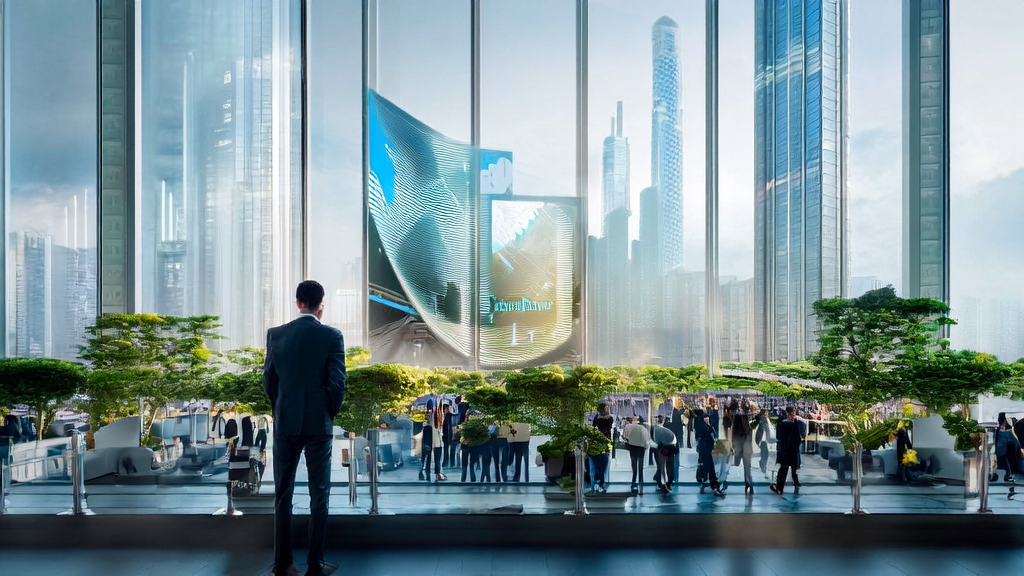 未来城市的AI获客场景，展示高科技环境下的外贸B2B市场创新