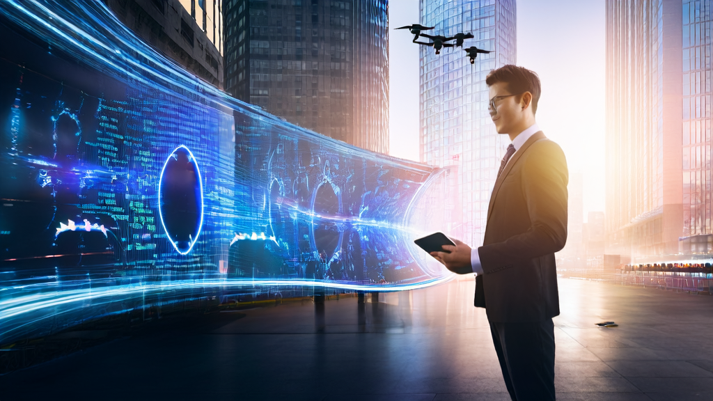 Young entrepreneur using Alibaba ZeroSearch technology for efficient AI customer acquisition in a futuristic cityscape