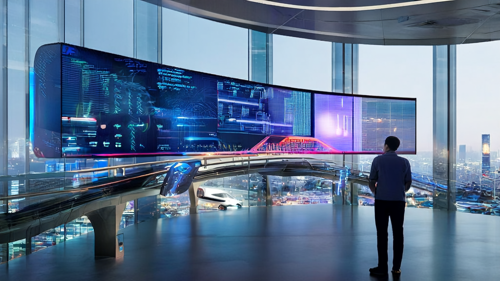 Tech company in a future city using AI to enhance customer acquisition efficiency