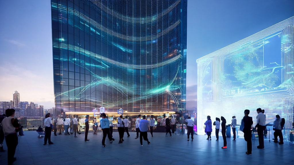In front of a futuristic office building, young people are using Claude Artifacts to quickly create AI applications