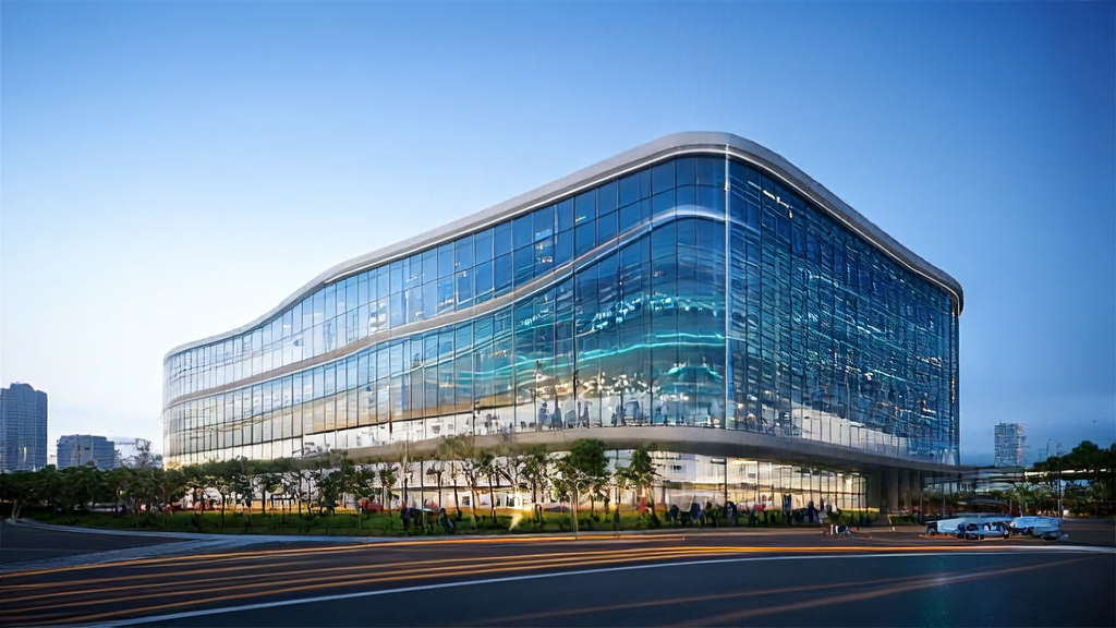 A futuristic city where an export company uses AI technology for precise customer acquisition