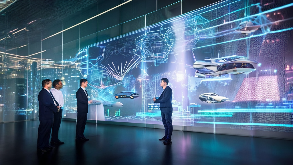 Scene of a trading company in a futuristic city using the MiniMax open-source AI model for precise customer acquisition