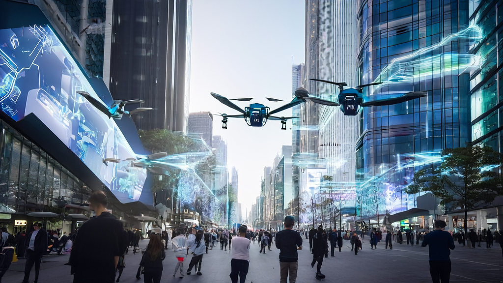 In a futuristic city, people interact with AI assistants and Gemini drones provide precise customer acquisition services