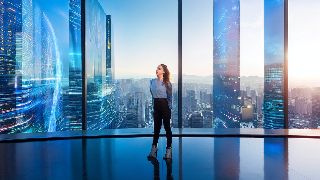 Entrepreneur in a future city using AI to optimize advertising strategies