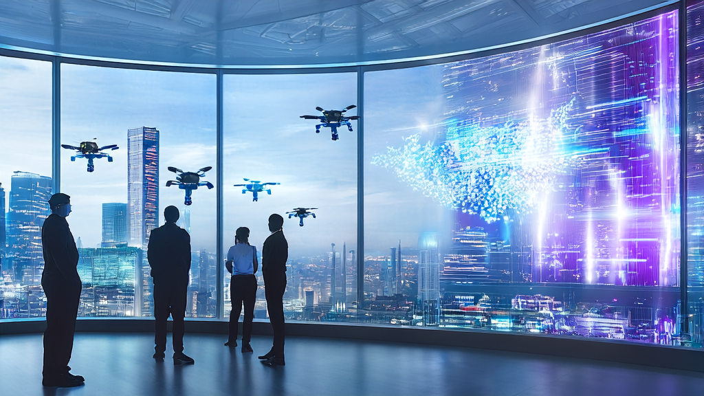 AI acquisition scene in a future city: Data scientists using advanced AI technology to optimize cross-border e-commerce advertising