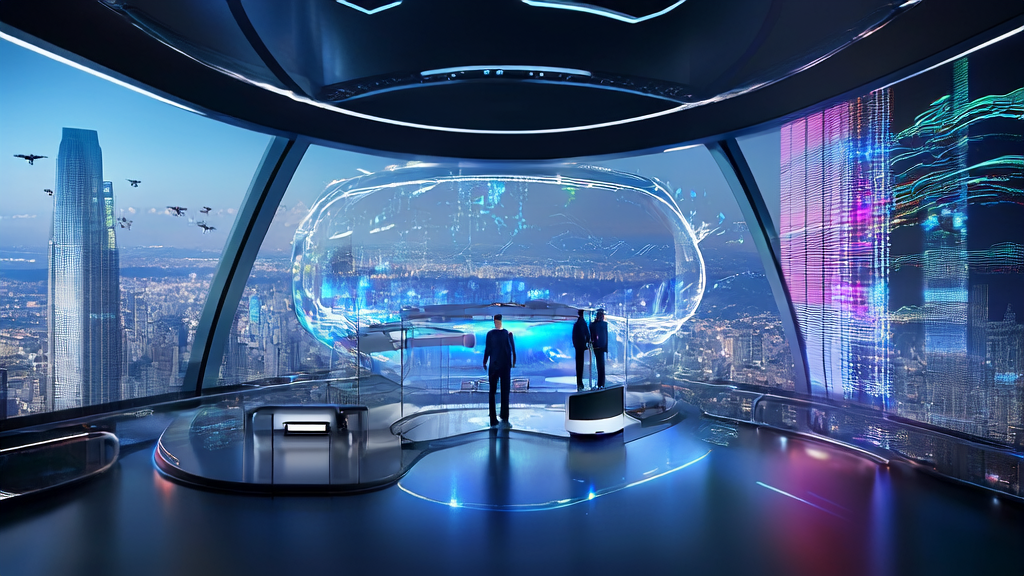 The heart of a futuristic city, showcasing the application of AI technology in cross-border e-commerce