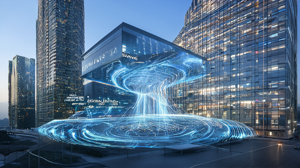 A high-tech scene in a futuristic city showcasing the "General Embodied Intelligence" brain of WuJie Power and its AI acquisition applications