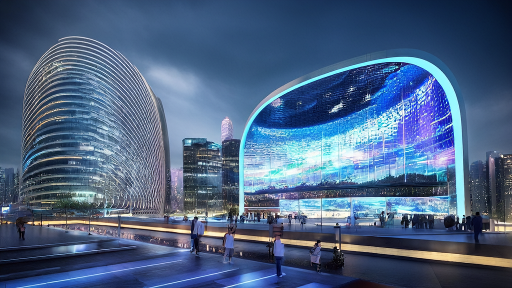 Scene of future city AI acquisition: Dynamic ads adjust in real-time based on pedestrian preferences, with AI systems optimizing ad strategies in the control center.