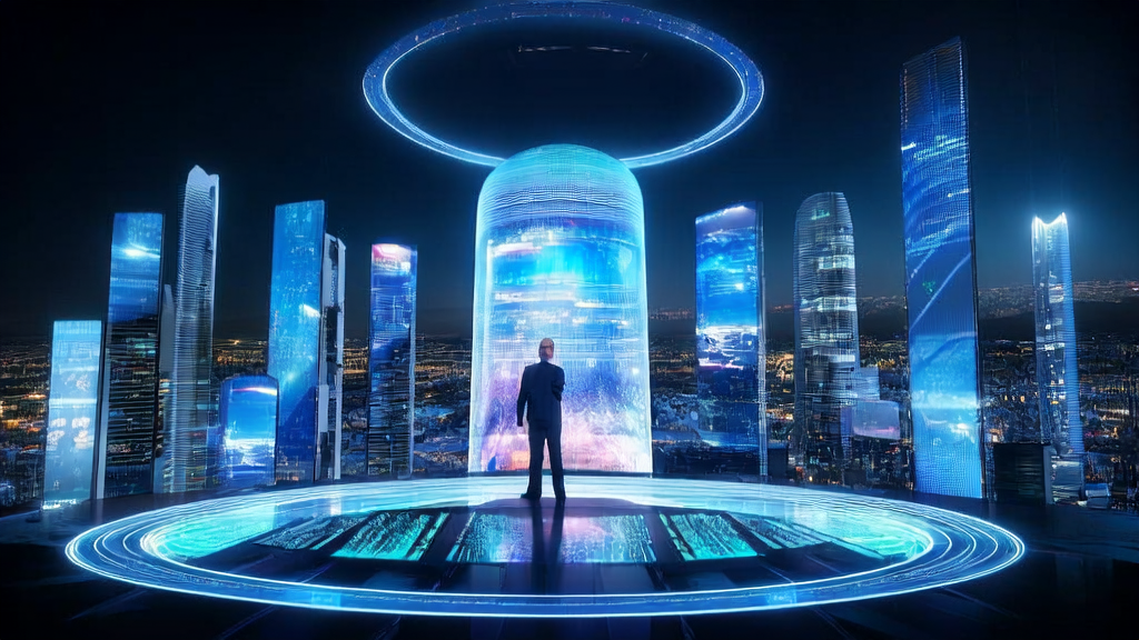 未来城市的AI精准获客场景，展示高科技广告投放和数据分析