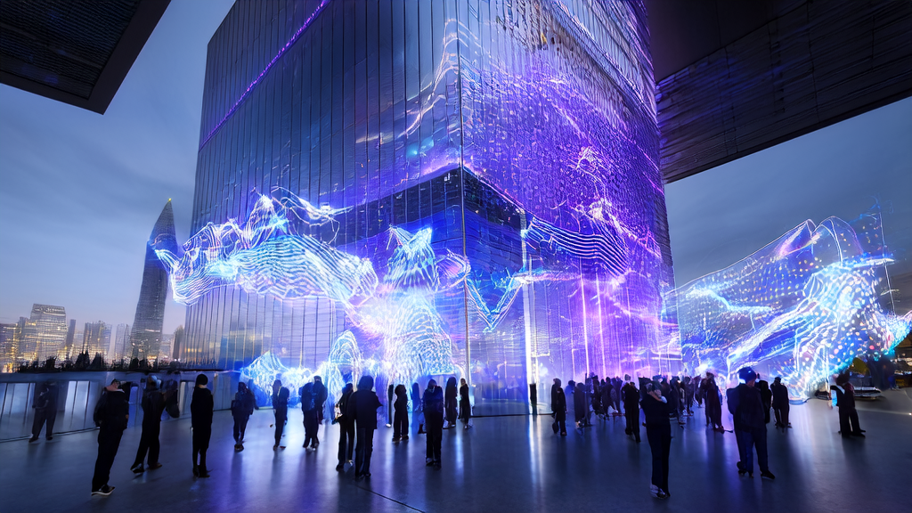 未来城市的高科技大厦前，商人们通过全息投影与智能AI助手互动，探讨AI精准获客策略。