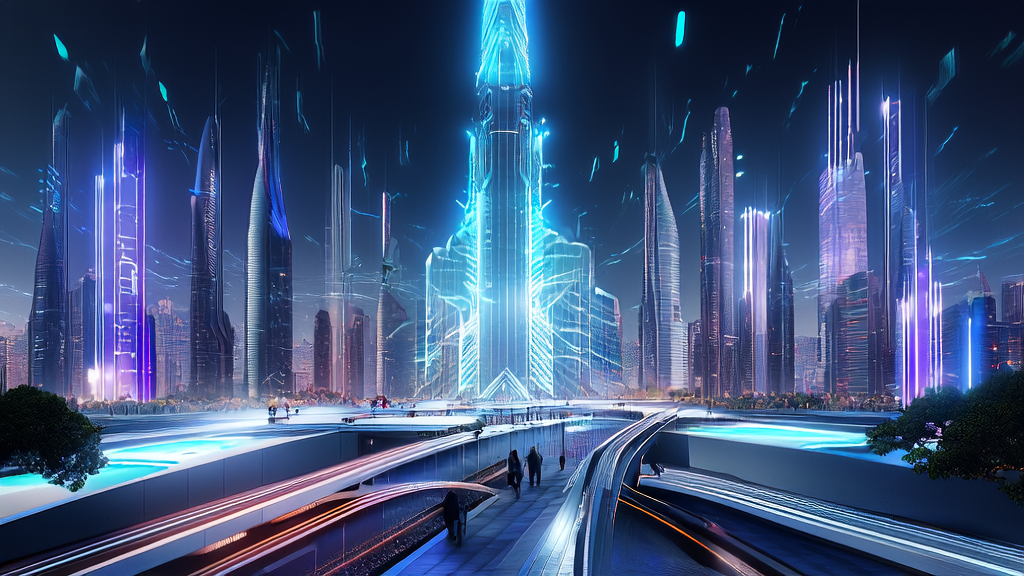 未来城市中的AI精准获客场景，展示高楼大厦、AI控制塔和无人机广告投放