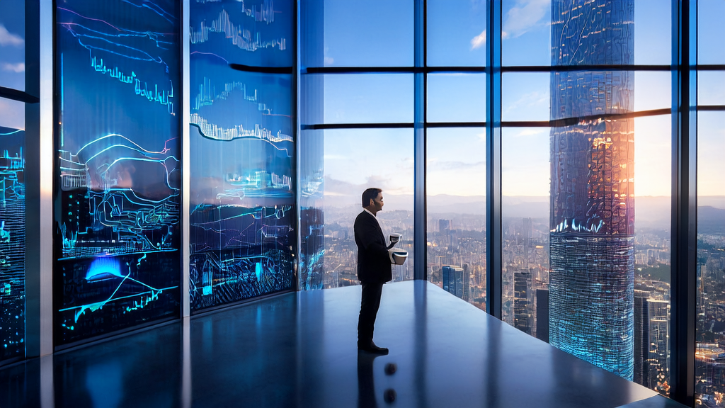 An entrepreneur in a futuristic city analyzes data to achieve precise customer acquisition using AI technology for an independent site