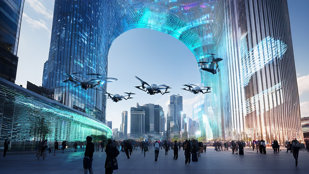 未来城市中,AI技术助力跨境电商实现精准获客和低成本高转化,智能无人机和机器人快递员在街头忙碌。