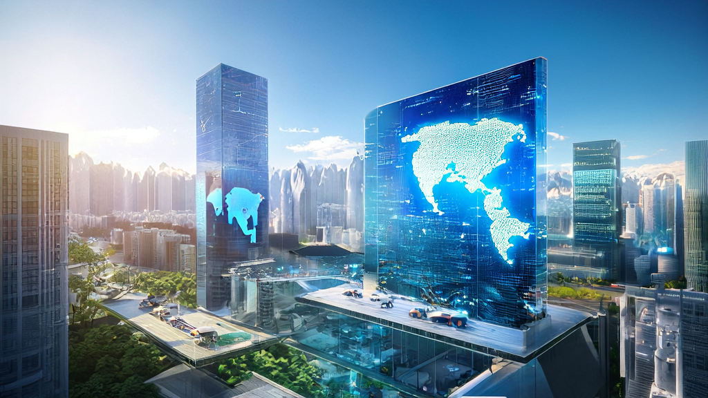 A cross-border e-commerce company in a futuristic city uses AI technology to break through growth bottlenecks and achieve efficient customer acquisition in global markets.