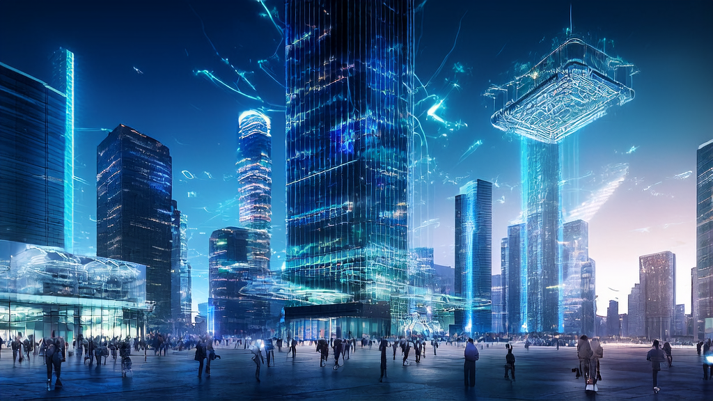 AI acquisition center in a futuristic city, showcasing how cross-border e-commerce can leverage AI technology for precise customer acquisition and efficient conversion in 2025.