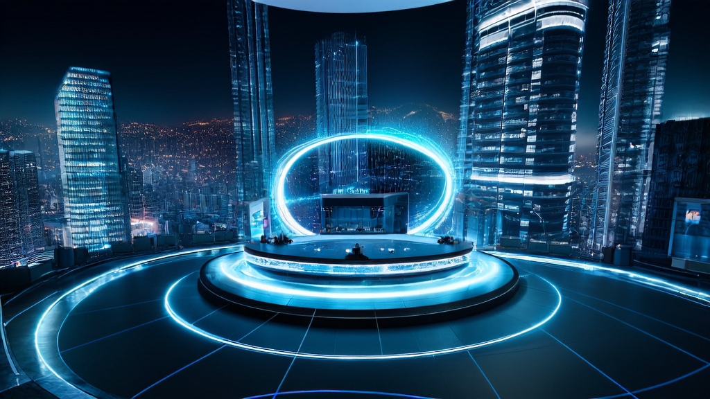 AI acquisition control center in a futuristic city, showcasing big data analysis and ad placement optimization