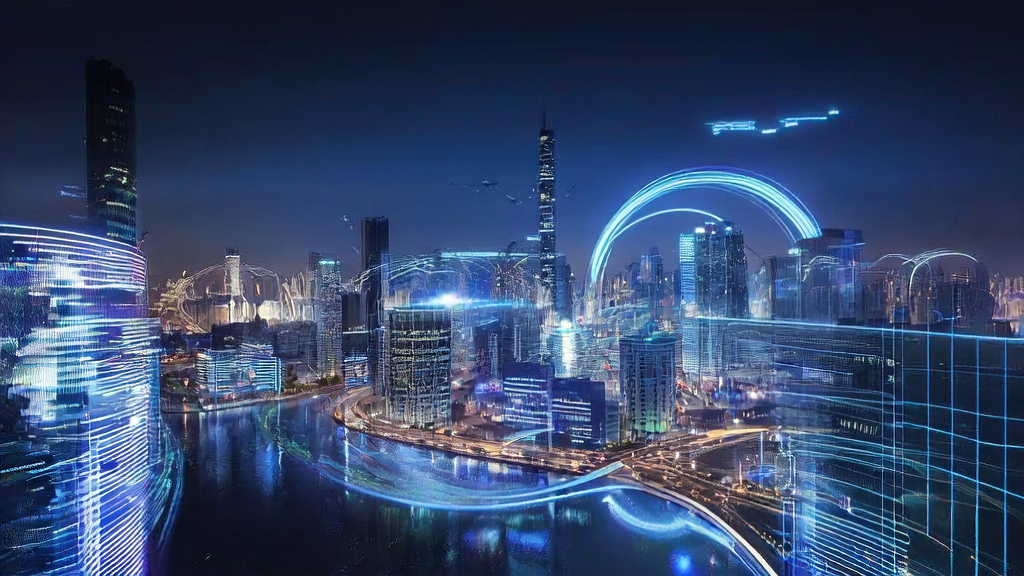 AI acquisition control center in a future city where engineers optimize ad placement through big data analysis