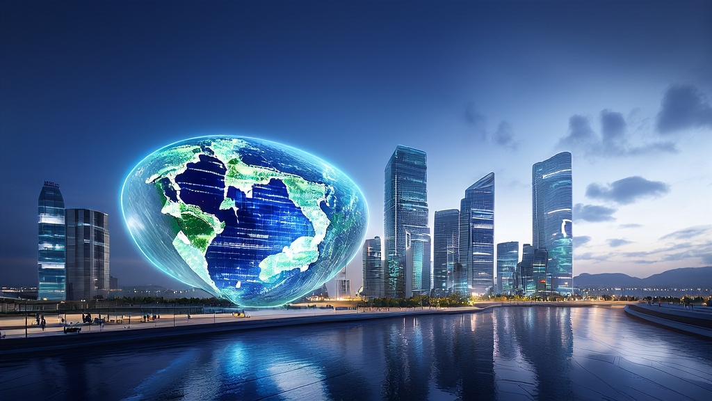 A cross-border e-commerce company in a futuristic city using AI technology for precise customer acquisition, with a backdrop of the Anhui “15th Five-Year Plan“ poster