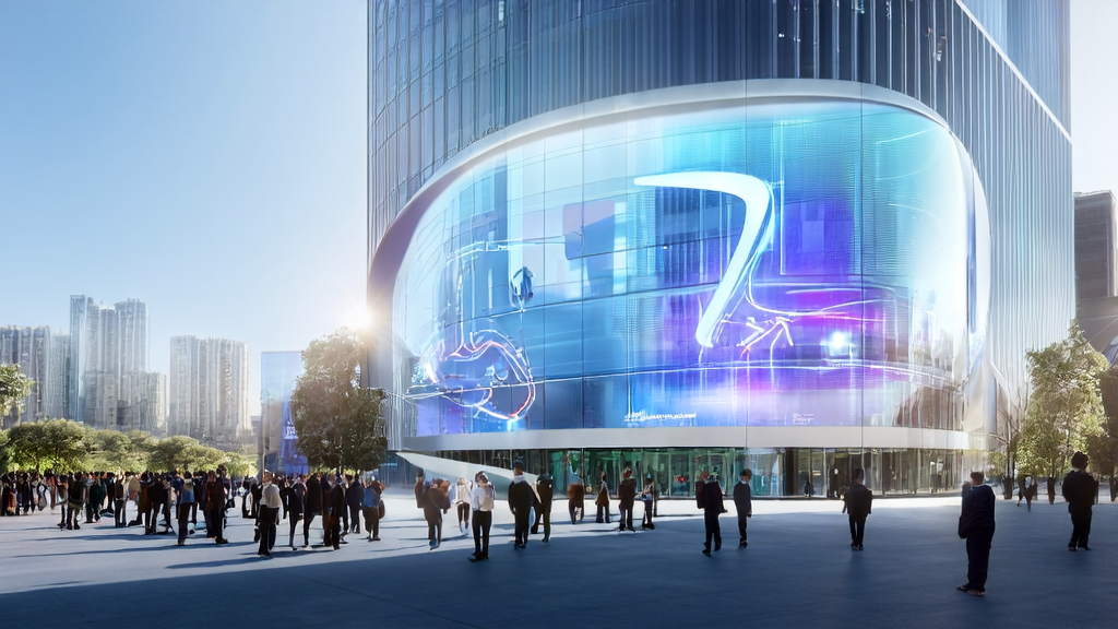 Business owners and marketers discussing AI acquisition technology in a futuristic city