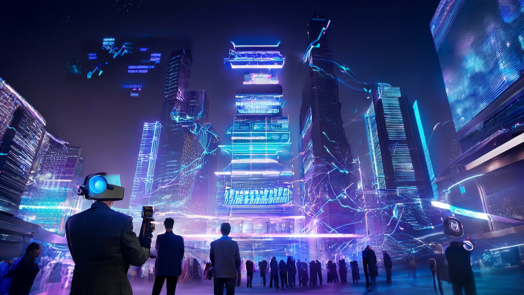 A futuristic city market showcasing AI-driven customer acquisition, featuring interactions between robots and humans, data analysis, and the OpenAI GPU expansion plan