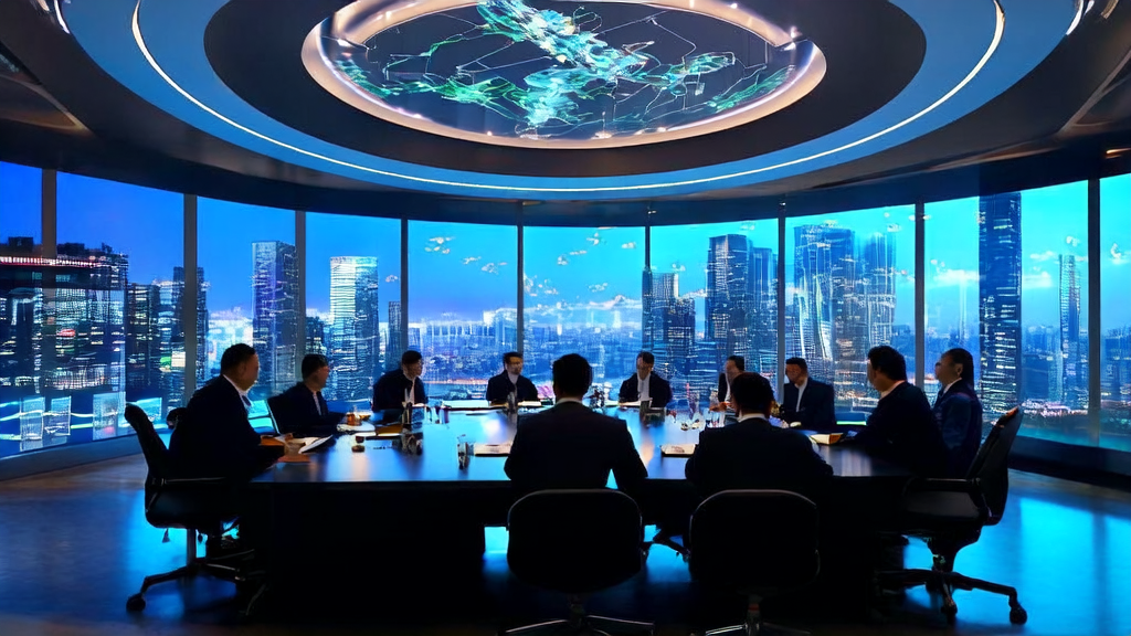 未来城市的办公楼顶层会议室中，团队成员正在讨论AI获客策略，窗外是繁忙的无人机和闪烁的霓虹灯。
