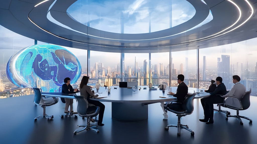 A high-tech meeting room in a futuristic city where professionals are discussing the new trends of AI customer acquisition in 2025