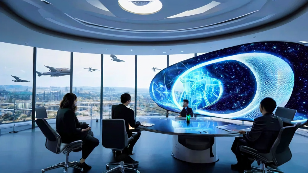 A high-tech office in a future city showcasing AI algorithms and data streams, with a background of a cross-border e-commerce operation center