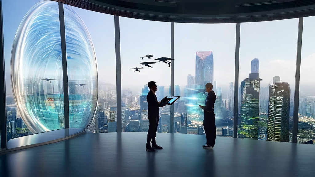 未来都市中展示AI驱动获客革命的现代化办公室场景