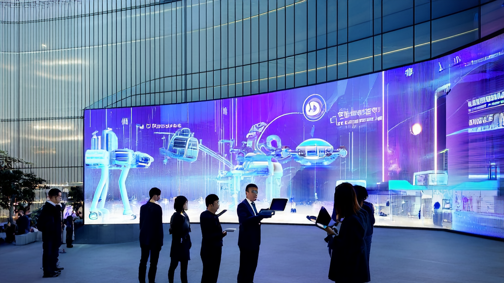 In a modern office building in a futuristic city, young entrepreneurs are discussing multilingual AI generation technology, with a bustling urban landscape and global market data displayed on a smart screen in the background.