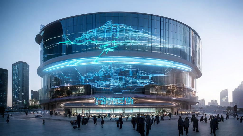 Entrepreneurs discussing AI-driven customer acquisition solutions in a futuristic cityscape