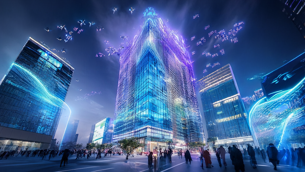 未来城市的智能商业中心，展示AI优化广告投放、搜索引擎流量暴增、多语言内容生成和客户数据清洗服务。