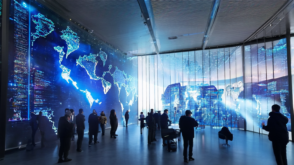 未来城市的高科技办公楼内，工程师们正讨论AI优化广告投放策略，背景是充满科技感的巨型屏幕和全球地图。