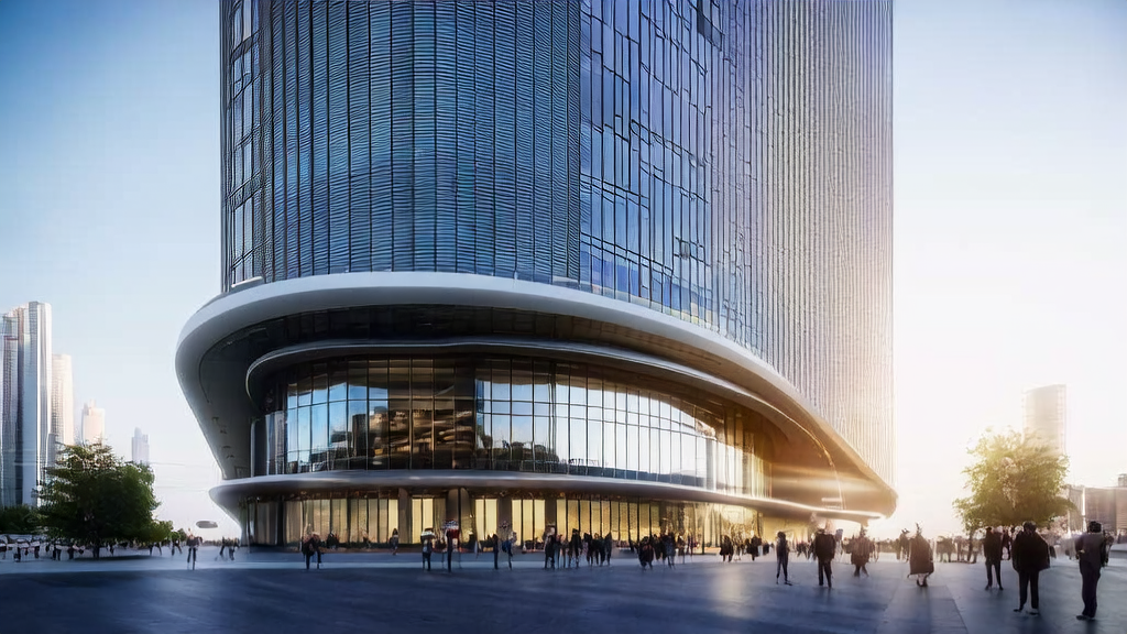 A futuristic city's smart office building showcasing the application of AI acquisition systems