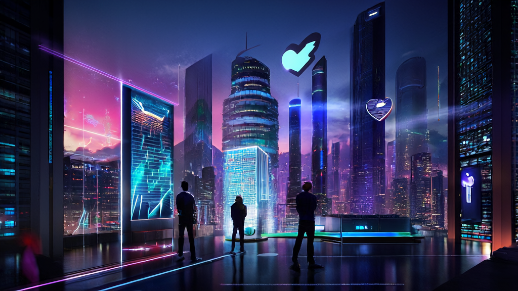 AI acquisition system presentation in a futuristic city, illuminated by neon lights