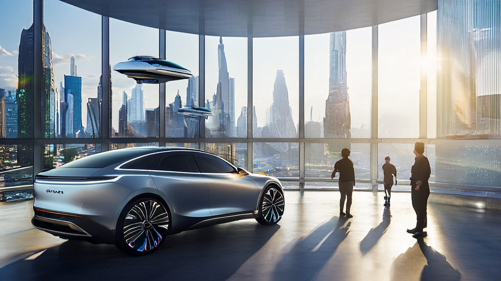 In a modern building in a future city, a user interacts with the hyper-humanoid AI entity Eva, showcasing the AI cabin features of the Geely Galaxy M9.