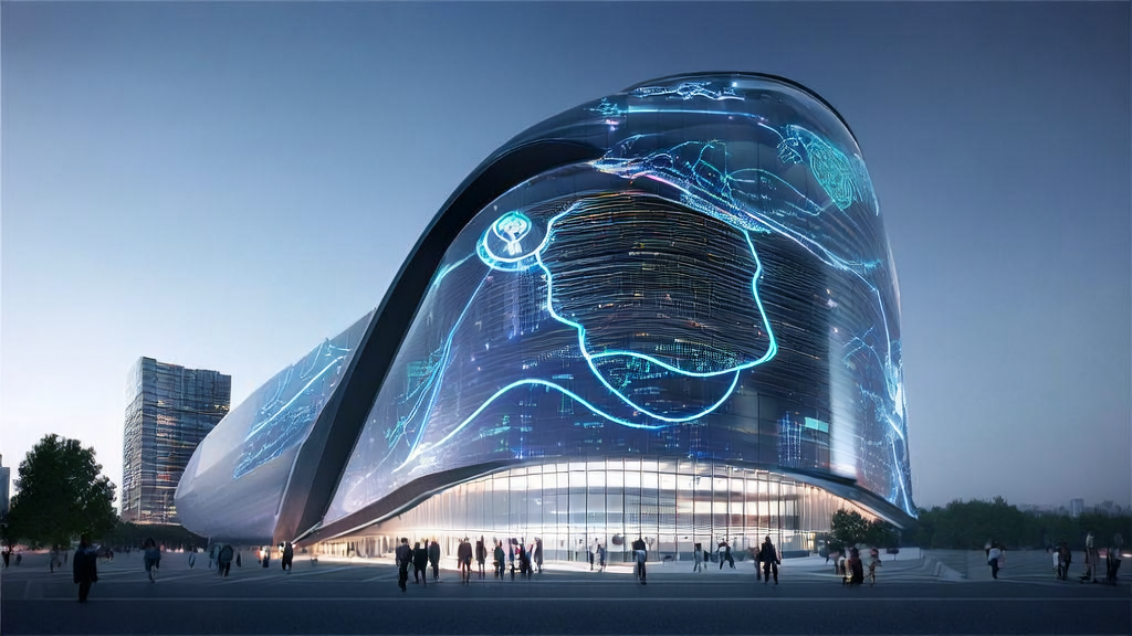 A futuristic city skyline with a high-tech building showcasing the operation of an AI smart acquisition system